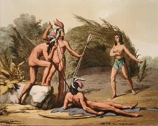 Guyanan alkuasukkaat, Jules Ferrarion teoksesta "Le Costume Ancien et Moderne", julkaistu noin 1820-30-luvulla (värikaiverrus)