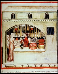 Nova 2644 f.46r Myy riisiä, valmistaja Tacuinum Sanitatis Code Vindobonensis