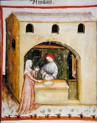 Nova 2644 fol.43r Myy vehnätärkkelystä, valmistaja Tacuinum Sanitatis Codex Vindobonensis (vellum)