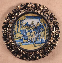 Metsästyskohtauksella koristeltu lautanen, Deruta Workshop, n. 1540-45 (maiolica)