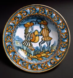 Kilpi, joka kuvaa kahta sotilasta taistelussa, n. 1520