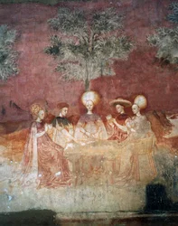 Tarot-korteilla leikkiminen, kohtaus Pelisyklistä, n. 1445-1450, fresko, Palazzo Borromeo, Milano, Lombardia, Italia