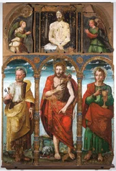 Polyptyykki Johannes Kastajasta, Pietari ja Johannes evankelista, 1500-luvun alkupuolisko (tempera paneelille).