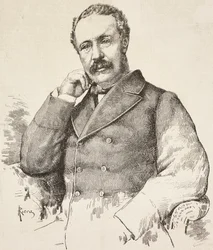 Muotokuva Charles George Gordonista, joka tunnetaan nimellä Gordon Pasha (1833-1885), brittiläinen kenraali, kaiverrus A Rieran piirroksesta, L