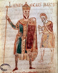 Ludvig I hurskaan (778-840), Ranskan kuninkaan muotokuva Käsikirjoitussivu (ms. 4) "Codex Legum Longobardorum" (tai Langobardorum), joka kuvaa kuningas Rotharin perustaman Lombard-valtakunnan lakeja