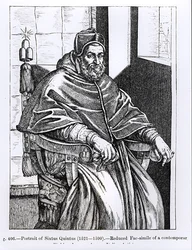 Paavi Sixtus V:n (1520-1590) muotokuva kuvitus teoksesta "Tiede ja kirjallisuus keskiajalla ja renessanssilla", kirjoittanut ja kaivertanut Paul Lacroix, 1878