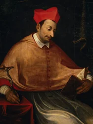 Pyhän Carlo Borromeon (1538-1584), italialaisen arkkipiispan ja kardinaalin, muotokuva, tuntemattoman taiteilijan maalaus, San Carlon kirkko, Arona, Piemonte, Italia