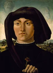 Muotokuva nuoresta miehestä, jolla on vaaleanpunainen kukka, n. 1475-85 (tempera puulla)