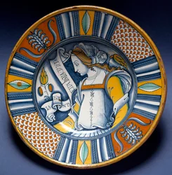 Nuoren naisen muotokuva. Derutassa valmistettu keramiikkalautanen, Italia. Noin 1520. Bargellon kansallismuseo, Firenze, Italia