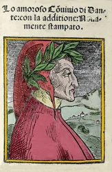 Italialaisen runoilijan Dante Alighierin (1265-1321) muotokuva. Kaiverrus. "" Il convivio "" -elokuva vuodelta 1554