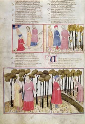 Purg.XXVIII f.47v Virgil lomallaan ja jumalallinen metsä Dante Alighierin (1265-1321) jumalallisesta komediasta
