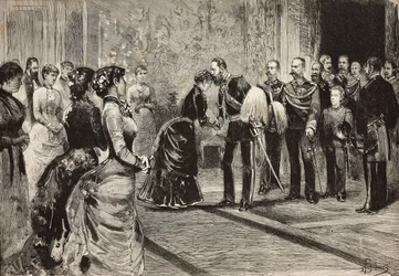 Kuningatar Margherita ja Umberto I vastaanottavat Saksan kruununprinssin (tuleva Frederick III) Quirinalessa, Roomassa, Italiassa, kaiverrus Dante Paoloccin piirustuksesta, L