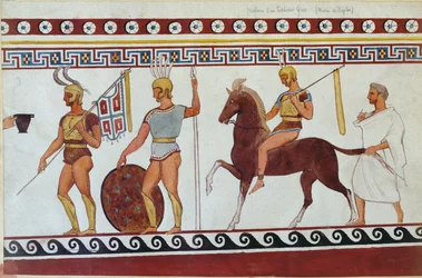 Paestumin hautamaalauksen rekonstruktio, joka kuvaa kreikkalaisia jalkasotilaita ja ratsuväkeä (katso myös 186246, 119488 & 444298)