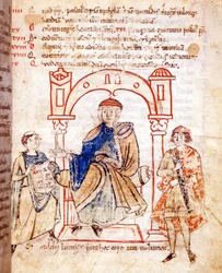 Canossan kreivitär Mathilden (tai Toscanan kreivitär Mathilden) esitys (1046 - 1115). Donizonen "Vitas mathildis". 1200-luvun käsikirjoitus, Lucca, Raamattu. Governativa.