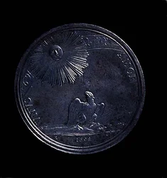 Mantovan Anna Isabellan muotokuvamitalin kääntöpuoli, jossa kotka tarkkailee aurinkoa, lyöty 1698. Kaiverrus: VNVS AMOR (hopea) (kuosi 119199)