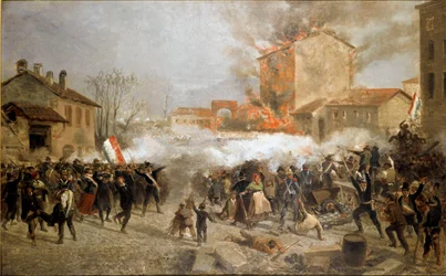 Vuoden 1848 vallankumoukset, viisi päivää Milanossa: kapinalliset valtaavat Porta Tosan 22. maaliskuuta (maalaus