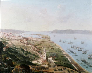 Risorgimento: Molempain Sisiliain kuninkaan Ferdinand II:n bourbonilaiset armeijat Messinassa Sisiliassa elokuussa 1848 valtaamassa Sisiliaa takaisin kapinoiden jälkeen. Tuntemattoman tekijän maalaus. Museo Nazionale di San Martino, Napoli