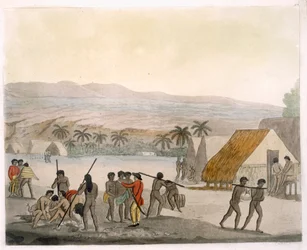 Sandwich Islands - länsimaalainen neuvottelee kaupoista, levy 92 Le Costume Ancien et Modernesta, Jules Ferrario, julkaistu noin 1820-30-luvulla