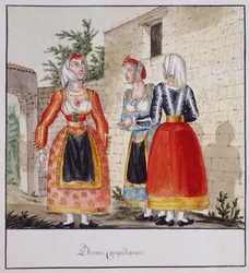 Sardinialaiset naiset Campidanon asuissa, painettu ms.258, Luzzetti Collection