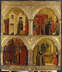 Kohtaus Saint Juliennen elämästä. Venetsialaisen mestarin maalaus, tempera puulle, 1300-luvun toinen puoli. Italialaista taidetta, keskiaikaa, goottilaista taidetta. Valtion Eremitaaši, Pietari.