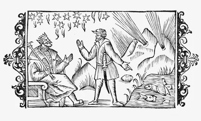 Ennustamiskohtaus, kuvitus Olaus Magnuksen (1490-1558) teoksesta Historia de Gentibus Septentrionalibus, julkaistu Roomassa, 1555
