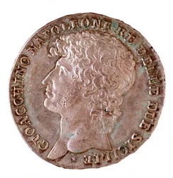 Hopearaha (piastra) Napolista: Joachim Murat (1767-1815) Napolin kuningas. 1810 Halk. 3,7 cm Napoli, museo archeologico