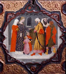 Kymmenes päivä, yhdeksäs kertomus: Messer Torellon ja Saladinin (1138-1193) (Salah al-Din Yusuf al-Ayyubi) päivä. Maalattu arkku, joka kuvittaa Giovanni Boccaccion (Jean Boccaccio) (1313-1375) teosta 