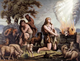 Karitsan palvonta (Kain ja Abel) - Cain et Abel (uhraamassa lampaan) teoksessa "Golden Classic Bible: History of Divine Revelation in the Ancient and New Tension", kirjoittanut Giovanni Ladislao Sykora (osa 1), kääntänyt Don Clemente Benetti. (Italia