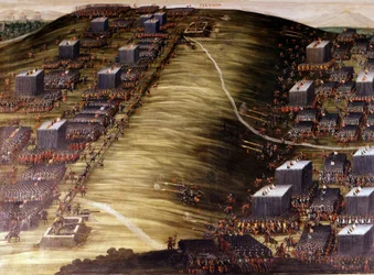 Valkoisen vuoren taistelu (kolmikymmentävuotinen sota) 8. marraskuuta 1620 tšekkien ja Habsburgien keisarillisen armeijan välillä. Öljyvärimaalaus. Rooma, Voiton pyhän pormestarin kirkon sakristi.