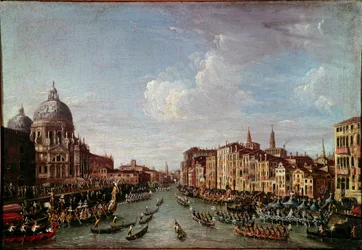 Bucentaurus (Bucentoro) San Nicolo a Venetsiaan Tämä on luultavasti Doge Alvise IV Mocenigo (1763-1778) ylösnousemusjuhlien aikana. Anonyymi maalaus 1700-luvulta. Venetsia, Correr-museo