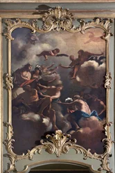 Jumalten neuvosto: Zeus Olympuksella ympäröi jumalia. Italian koulukunnan maalaus (1700-luku)
