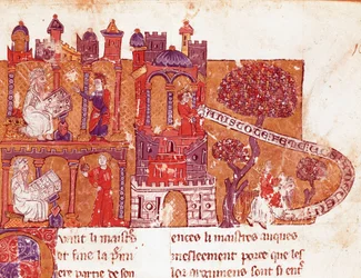 Kreikkalainen filosofi Aristoteles (383-322 eKr.) opettaa opiskelijoilleen moraalia ja naisten halveksuntaa (mysoginia) Pienoiskuva italialaisesta 1300-luvun käsikirjoituksesta. Bibliotheque Inguimbertine Municipal de Carpentras.
