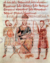 Napolin lombardprinssi Giovanni (n. 981) Miniatyyri "" Codex Legum Longobardorumista"" (tai Langobardorum), joka kuvaa kuningas Rotharin perustaman Lombard-valtakunnan lakeja
