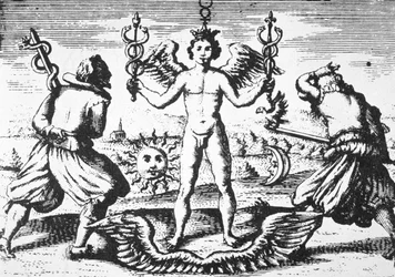 Filosofien Merkurius, Giovanni Battista Nazarin (1589) Della Tramutatione Metallicasta, kuvattuna 1800-luvun lopulla julkaistussa taikuuden historiassa