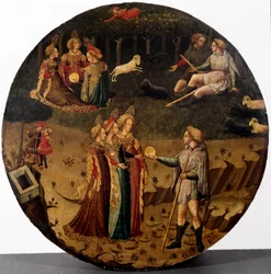 Pariksen tuomio. Paimen Paris joutuu valitsemaan, kenelle kolmesta jumalattaresta, Athenelle, Afroditelle vai Heralle, hän antaa kultaomenan kauneimpana. 1400-luvun italialaisen koulukunnan maalaus, Firenze, Museo Nazionale del Bargello