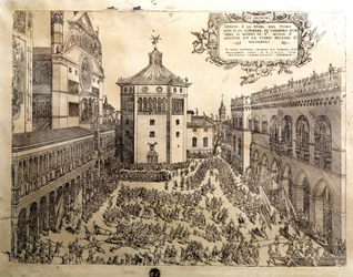 Härkäjuhla Cremonen suurella aukiolla (Cremona) Italiassa. Kaiverrus 1500-luvun Cremonasta, Museo Civico Italiasta