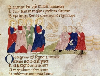 Leipien ja kalan monistaminen Pietro da Barsegapen (1200-luvulla) "" Del novo e del vedre testamento -kirjasta" otettu pienoismalli 1300-luku Milano, Biblioteca Braidense