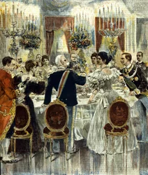 Morsiusparin Viktor Emanuel III:n (Victor-Emmanuel) (Vittorio Emanuele) ja Montenegron Helenan hääjuhla pidetään Quirinalen palatsissa Roomassa. 1896.