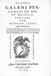 Nimisivu Claudius Galenille, Pergamenin Motu Musculi Libri Duo, Claudius Galenin teosten kokoelma, julkaistu vuonna 1549 (painettu)