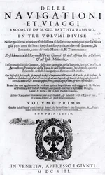 Giovanni Ramusio (1485-1557) Delle Navigationi et Viaggi -teoksen I osan nimisivu, julkaistu 1613