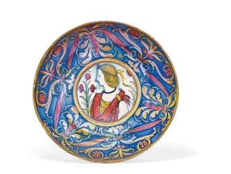 Umbrialainen majolikakultainen ja rubiinikiiltävä jalkine, Derutasta Gubbioon, n. 1510-20