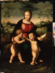 Neitsyt ja lapsi Johannes Kastajan kanssa poikana. Anonyymi maalaus, italialainen koulukunta 1500-luvun toiselta puoliskolta (noin 1550-1600). Manerismi. Mihail Kroshitskyn taidemuseo, Sevastopol (Sevastopol