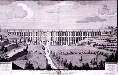 Näkymä akveduktille, joka kuljettaa vettä Palazzo di Casertaan Maddalonista (kaiverrus)