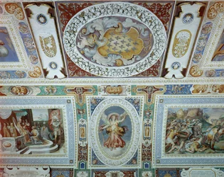 Näkymä Sala dei Fasti Farneselle (Farnesen loistosali), jonka on suunnitellut Onofrio Panvinio ja maalannut Taddeo (1529-66) ja Federico Zuccaro (1540-1609) 1557-83 (yksityiskohta)