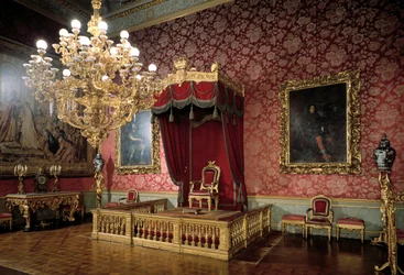 Näkymä valtaistuinhuoneeseen tai Chamberlains-huoneeseen 1800-luvun Royal Apartments, Palazzo Pitti, Firenze Italia