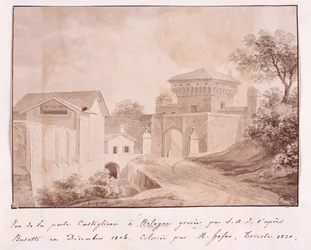 Näkymä Castiglionen portille Bolognassa, kaiverrettu S.A.I. Busatin jälkeen, joulukuu 1814 (värikaiverrus)