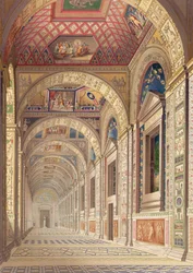 Näkymä toisen kerroksen Loggiasta Vatikaanissa, Raphaelin koristelu, Delle Loggie di Rafaele nel Vaticanosta, julkaistu irtolehtenä vuoden 1814 painoksessa (käsinvärinen kaiverrus)