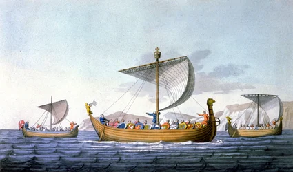 William Valloittaja ja hänen laivastonsa matkalla Englantiin, kuvitus teoksesta "Le costume ancien ou moderne", J. Ferrario, Milano, n. 1820 (värikaiverrus)