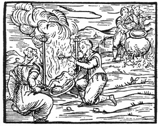 Noidat paistavat ja keittävät vauvoja, kopio Fr M Guacciuksen, Milano 1608, Compendium Maleficarum -kuvasta, käytetty History of Magicissa, julkaistu 1800-luvun lopulla