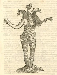 kuva kolmipäisestä hirviöstä, jossa on ketun, lohikäärmeen ja kotkan pää, Aldrovandis History of Monsters, 1642